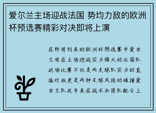 爱尔兰主场迎战法国 势均力敌的欧洲杯预选赛精彩对决即将上演