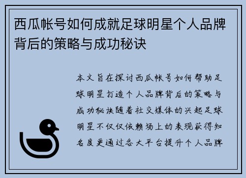 西瓜帐号如何成就足球明星个人品牌背后的策略与成功秘诀
